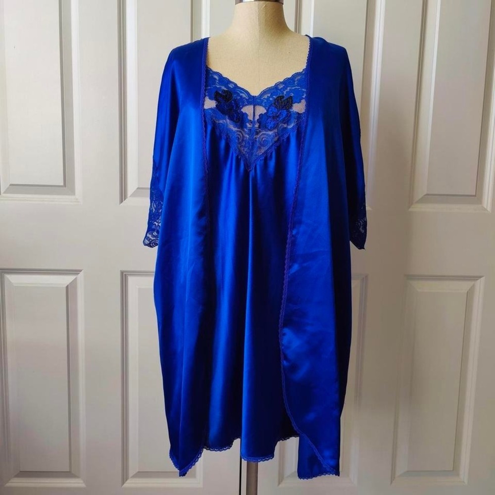 Vintage 80s 2 Pc Lingerie Slip Dress Matching‎ Robe Cobalt Blue Val Mode USA Med